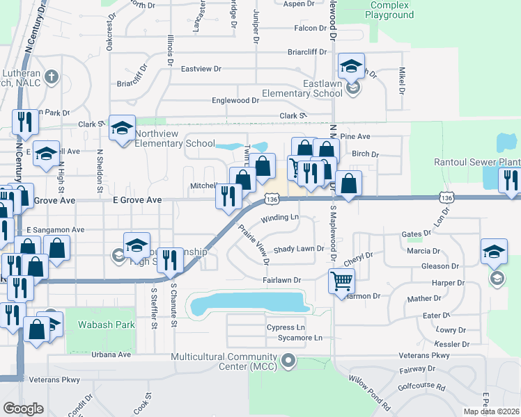 map of restaurants, bars, coffee shops, grocery stores, and more near 109 Winding Lane in Rantoul