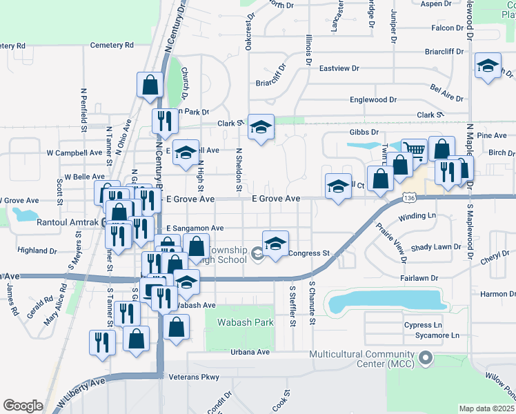 map of restaurants, bars, coffee shops, grocery stores, and more near 631 East Sangamon Avenue in Rantoul
