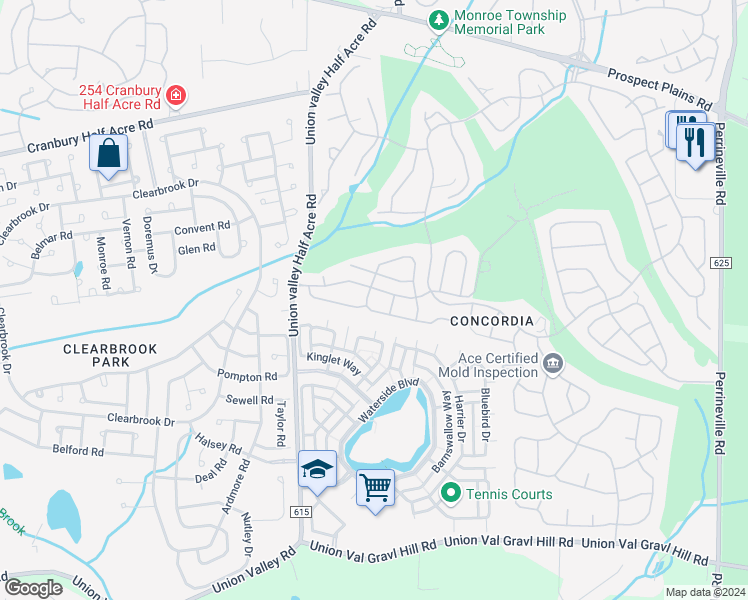 map of restaurants, bars, coffee shops, grocery stores, and more near 26 Ashbourne Drive in Monroe Township