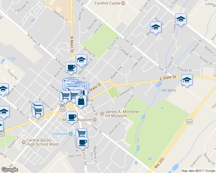map of restaurants, bars, coffee shops, grocery stores, and more near 197 East Oakland Avenue in Doylestown
