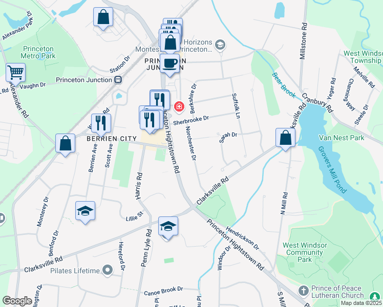 map of restaurants, bars, coffee shops, grocery stores, and more near 20 Norchester Drive in West Windsor Township