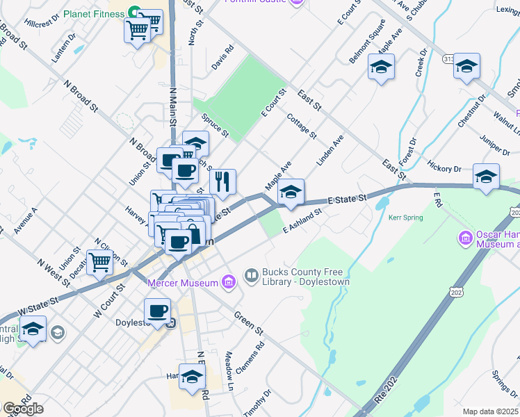 map of restaurants, bars, coffee shops, grocery stores, and more near 197 East Oakland Avenue in Doylestown