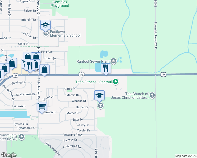 map of restaurants, bars, coffee shops, grocery stores, and more near 1656 East Grove Avenue in Rantoul