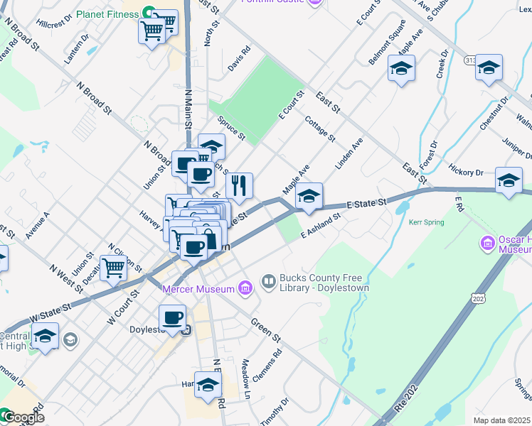 map of restaurants, bars, coffee shops, grocery stores, and more near 18 South Church Street in Doylestown