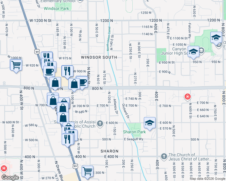 map of restaurants, bars, coffee shops, grocery stores, and more near 150 East 800 North in Orem