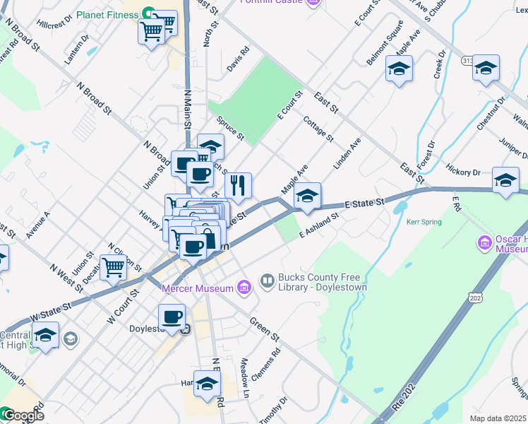 map of restaurants, bars, coffee shops, grocery stores, and more near 18 South Church Street in Doylestown