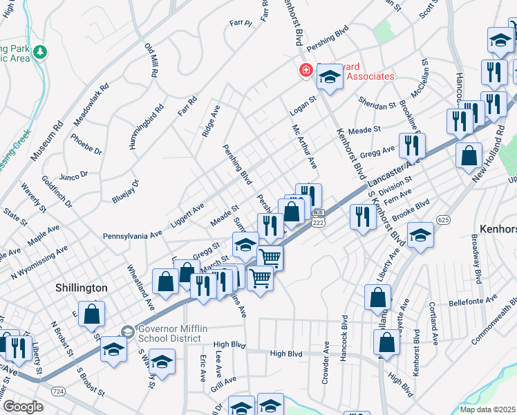 map of restaurants, bars, coffee shops, grocery stores, and more near 214 Pershing Boulevard in Reading