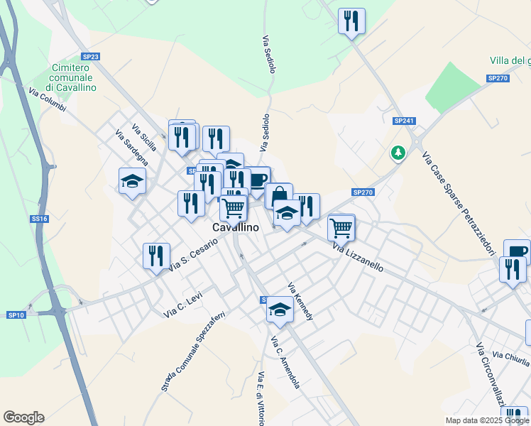 map of restaurants, bars, coffee shops, grocery stores, and more near 33 Via Principe di Piemonte in Cavallino