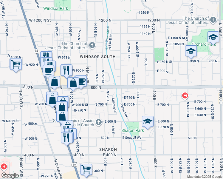 map of restaurants, bars, coffee shops, grocery stores, and more near 150 East 800 North in Orem