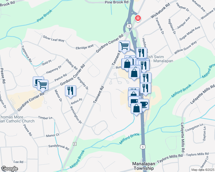 map of restaurants, bars, coffee shops, grocery stores, and more near 6 Winding Woods Way in Manalapan Township