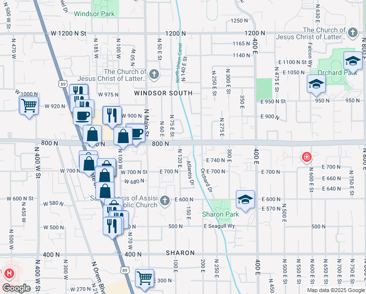 map of restaurants, bars, coffee shops, grocery stores, and more near 130 East 800 North in Orem