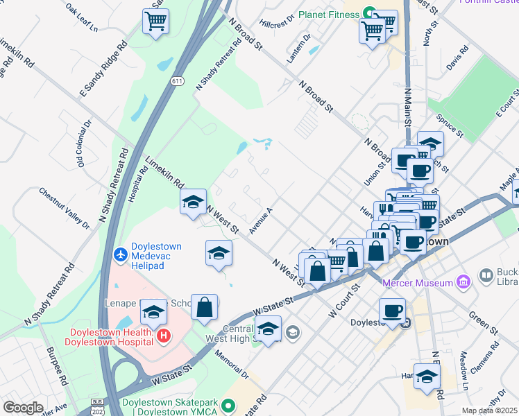 map of restaurants, bars, coffee shops, grocery stores, and more near 204 Hastings Court in Doylestown