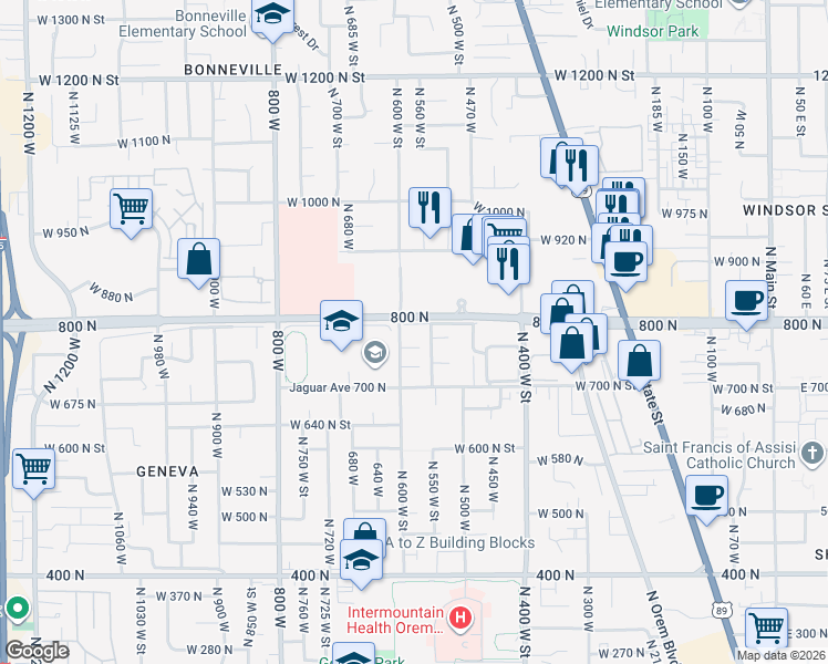 map of restaurants, bars, coffee shops, grocery stores, and more near 575 West 800 North in Orem