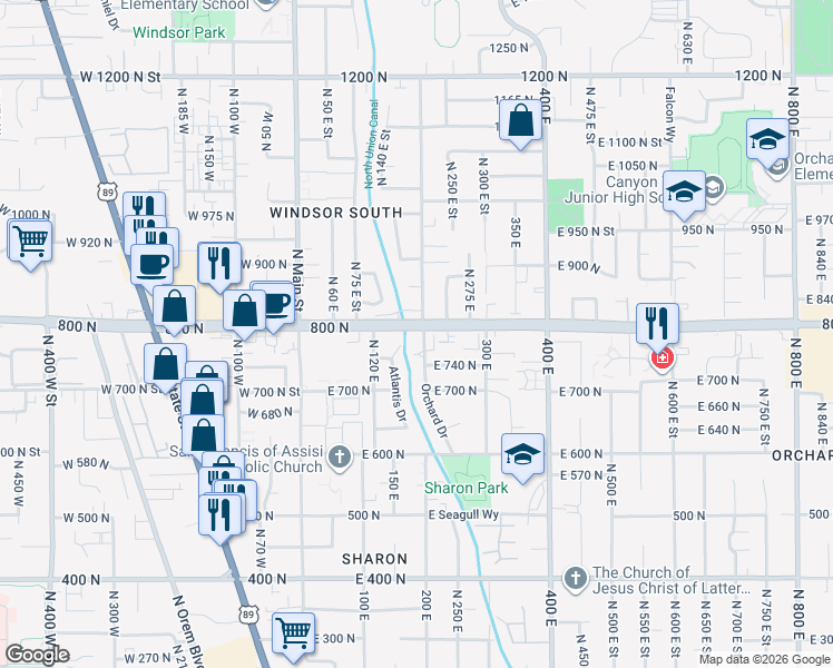 map of restaurants, bars, coffee shops, grocery stores, and more near 190 East 800 North in Lindon