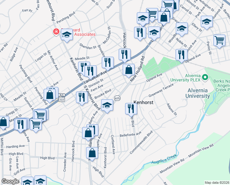 map of restaurants, bars, coffee shops, grocery stores, and more near 1133 New Holland Road in Reading