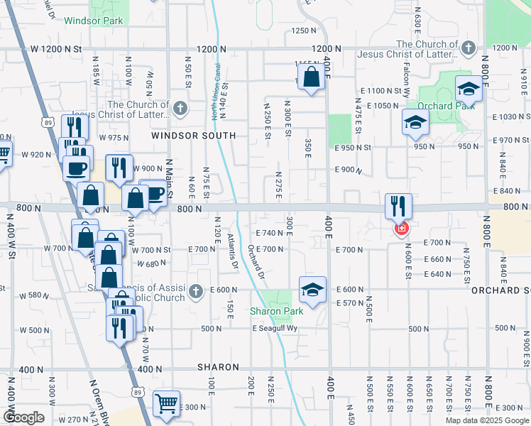 map of restaurants, bars, coffee shops, grocery stores, and more near 770 North 235 East Street in Orem