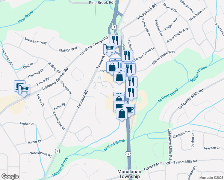 map of restaurants, bars, coffee shops, grocery stores, and more near 71 Drew Court in Manalapan Township