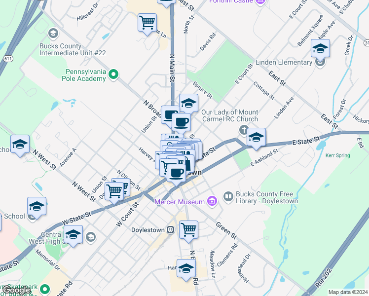 map of restaurants, bars, coffee shops, grocery stores, and more near 7 North Pine Street in Doylestown