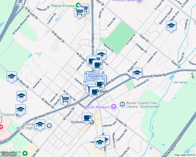 map of restaurants, bars, coffee shops, grocery stores, and more near 8 East Court Street in Doylestown