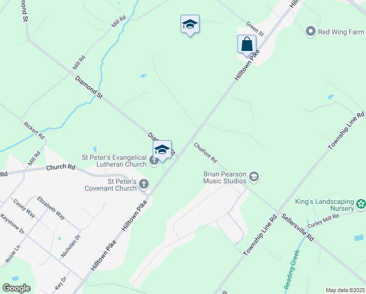 map of restaurants, bars, coffee shops, grocery stores, and more near 1040 Hilltown Pike in Chalfont