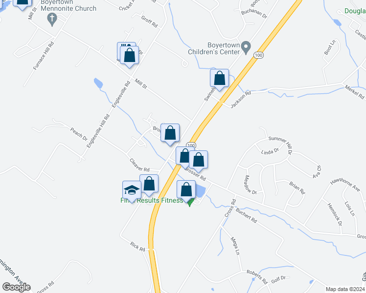 map of restaurants, bars, coffee shops, grocery stores, and more near 754 Swinehart Road in Boyertown