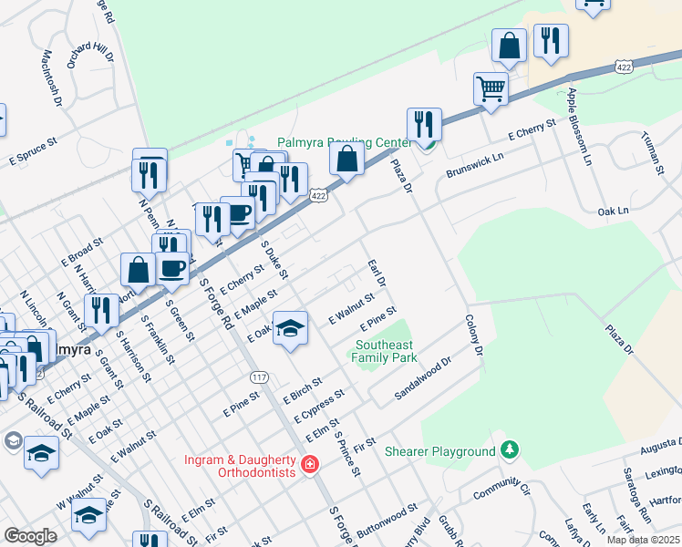 map of restaurants, bars, coffee shops, grocery stores, and more near 919 East Oak Street in Palmyra