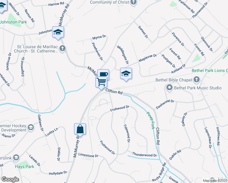 map of restaurants, bars, coffee shops, grocery stores, and more near 515 Clifton Road in Bethel Park