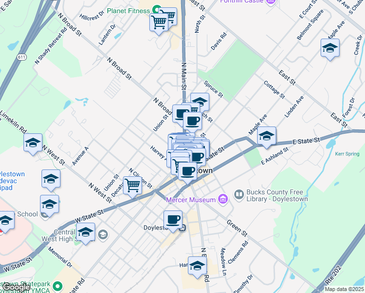 map of restaurants, bars, coffee shops, grocery stores, and more near 2 East Court Street in Doylestown