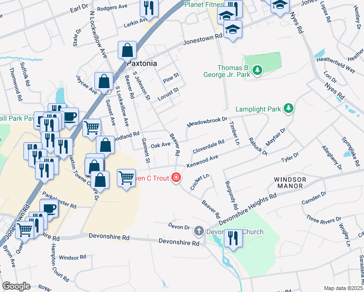 map of restaurants, bars, coffee shops, grocery stores, and more near 309 Beaver Road in Harrisburg