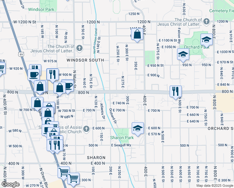 map of restaurants, bars, coffee shops, grocery stores, and more near 775 North 235 East Street in Orem