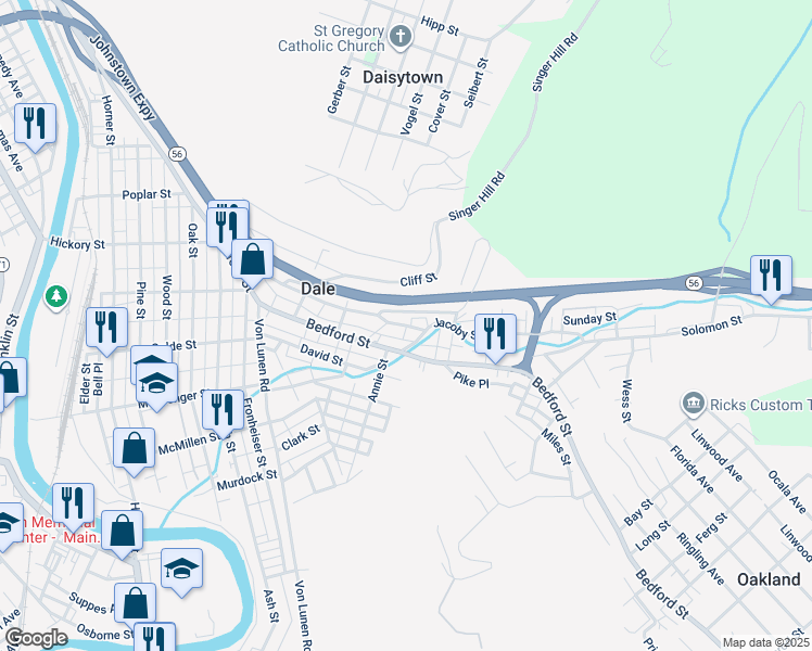 map of restaurants, bars, coffee shops, grocery stores, and more near Arthur Street in Johnstown