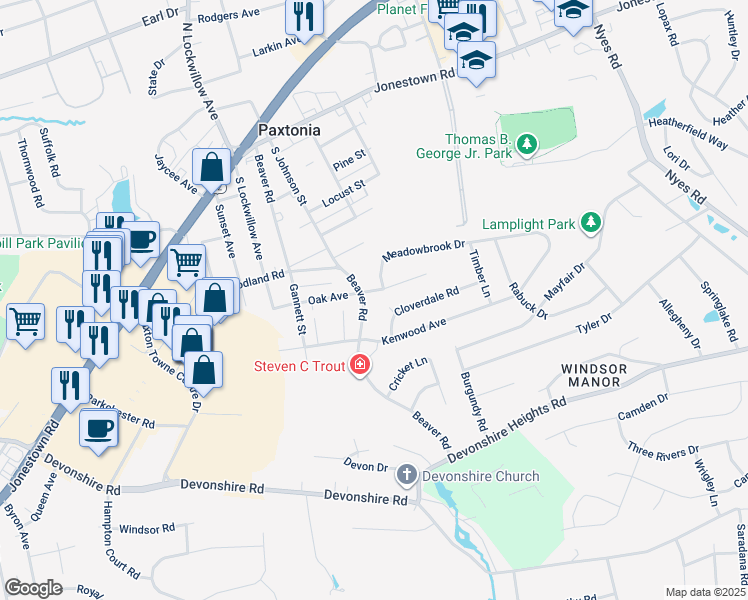 map of restaurants, bars, coffee shops, grocery stores, and more near 309 Beaver Road in Harrisburg