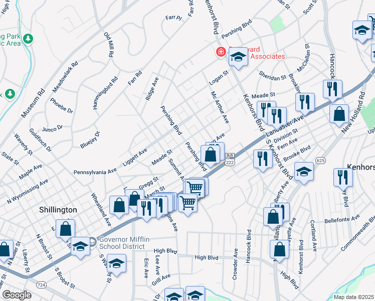 map of restaurants, bars, coffee shops, grocery stores, and more near 214 Pershing Boulevard in Reading