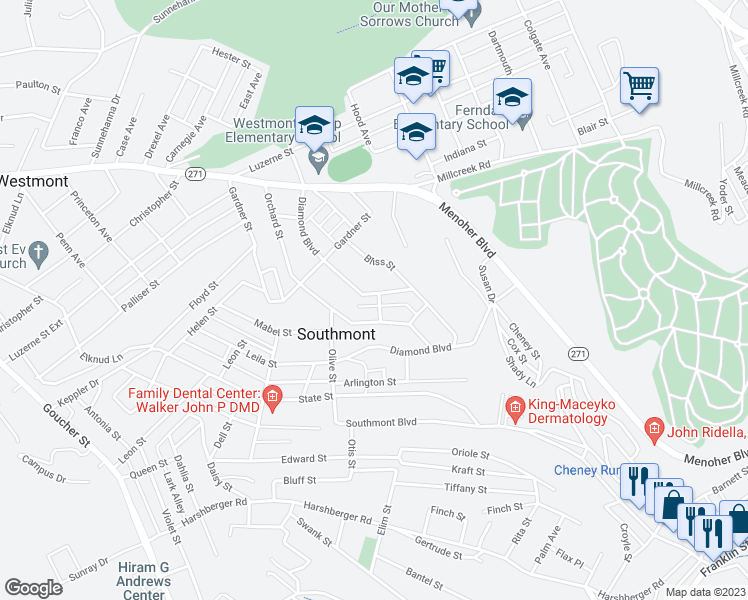 map of restaurants, bars, coffee shops, grocery stores, and more near 1 Beacon Street in Johnstown