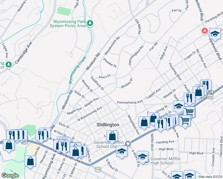 map of restaurants, bars, coffee shops, grocery stores, and more near 1505 Old Mill Road in Wyomissing