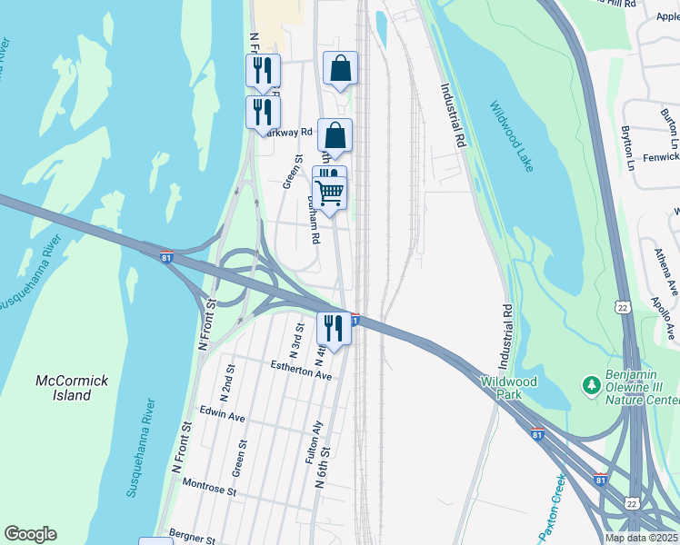 map of restaurants, bars, coffee shops, grocery stores, and more near North 4th Street in Harrisburg