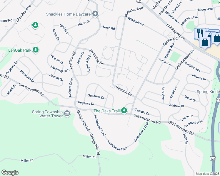 map of restaurants, bars, coffee shops, grocery stores, and more near 3022 Oak Drive in Sinking Spring