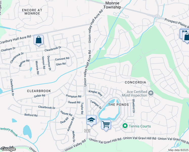 map of restaurants, bars, coffee shops, grocery stores, and more near 13 Ashbourne Drive in Monroe Township