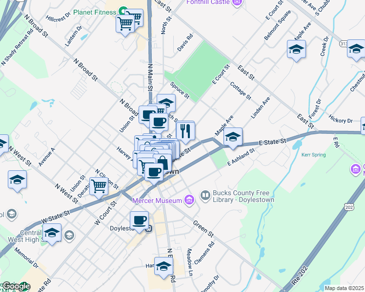map of restaurants, bars, coffee shops, grocery stores, and more near 5 Barnes Court in Doylestown