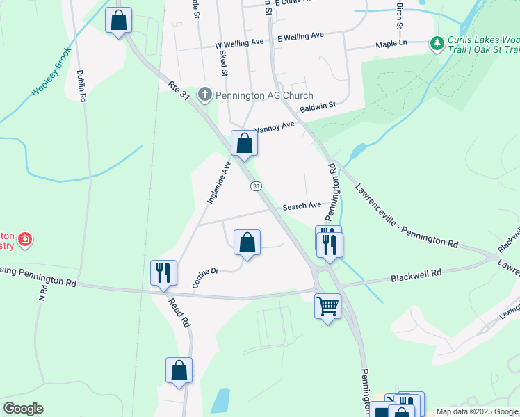map of restaurants, bars, coffee shops, grocery stores, and more near 110 New Jersey 31 in Pennington