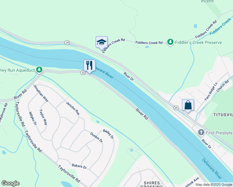 map of restaurants, bars, coffee shops, grocery stores, and more near 1235 River Road in Washington Crossing