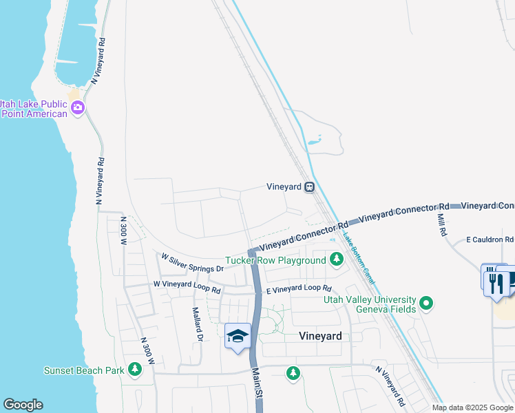 map of restaurants, bars, coffee shops, grocery stores, and more near Vineyard Connector Road in Vineyard