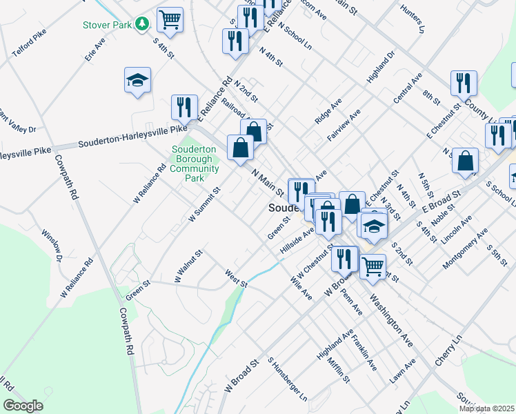 map of restaurants, bars, coffee shops, grocery stores, and more near 13 Diamond Street in Souderton