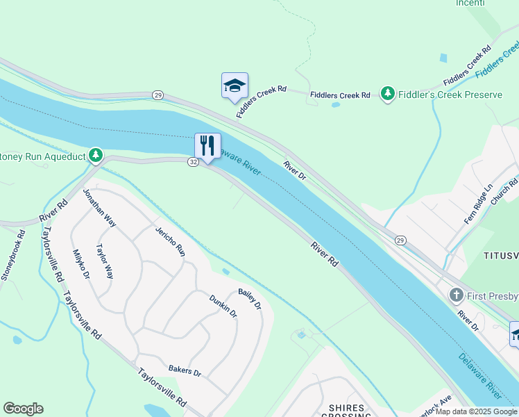 map of restaurants, bars, coffee shops, grocery stores, and more near 1235 River Road in Washington Crossing