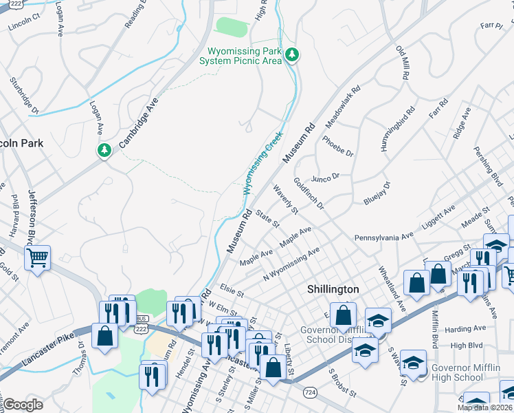 map of restaurants, bars, coffee shops, grocery stores, and more near 711 State Street in Shillington