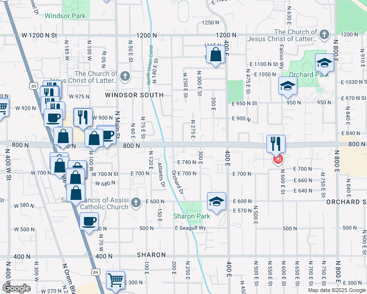 map of restaurants, bars, coffee shops, grocery stores, and more near 786 North 235 East Street in Orem