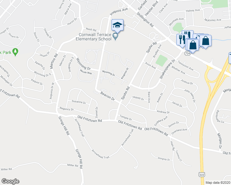 map of restaurants, bars, coffee shops, grocery stores, and more near 2812 Sturbridge Court in Reading