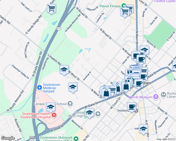 map of restaurants, bars, coffee shops, grocery stores, and more near 238 Hastings Court in Doylestown