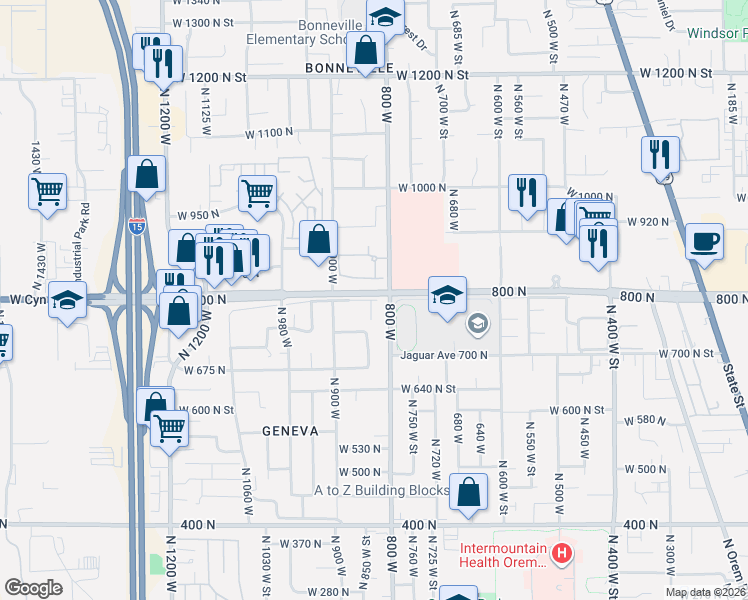 map of restaurants, bars, coffee shops, grocery stores, and more near 813 West 830 North Street in Orem