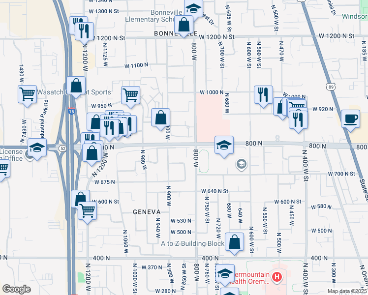 map of restaurants, bars, coffee shops, grocery stores, and more near 839 West 800 North in Orem